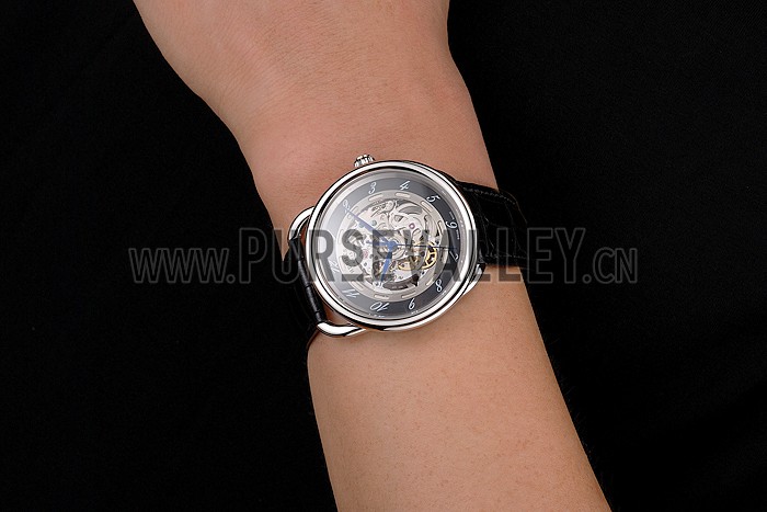 Swiss Hermes Arceau Skeleton Black Dial Blue Hands Stainless Steel Case Black Leather Strap