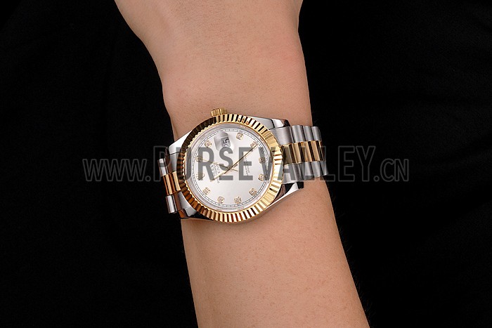 Swiss Rolex Datejust White Dial Gold Bezel Stainless Steel Case Two Tone Bracelet