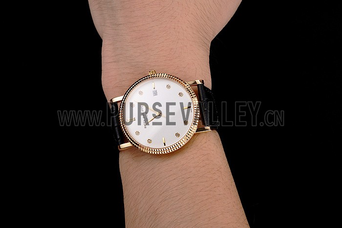 Patek Philippe Calatrava White Dial Diamond Hour Marks Ribbed Bezel Gold Case Black Leather Strap