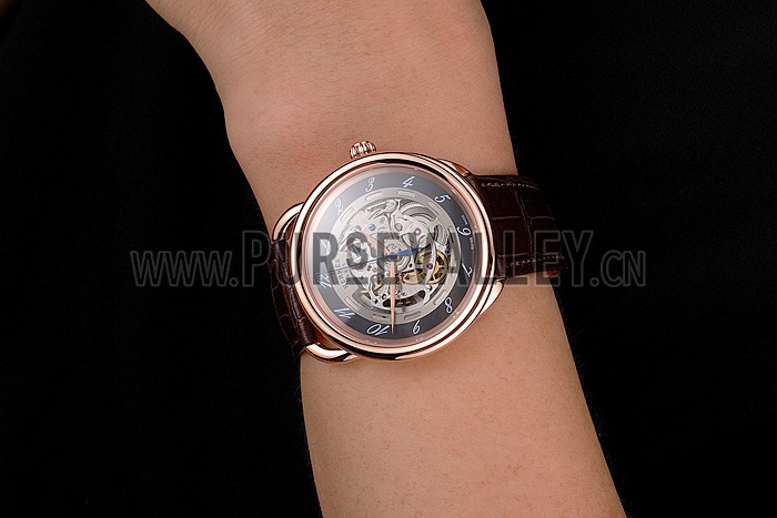 Swiss Hermes Arceau Skeleton Black Dial Brown Hands Rose Gold Case Brown Leather Strap