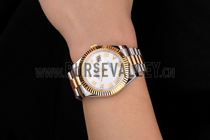 Swiss Rolex Datejust White Dial Roman Numerals Gold Bezel Stainless Steel Case Two Tone Bracelet