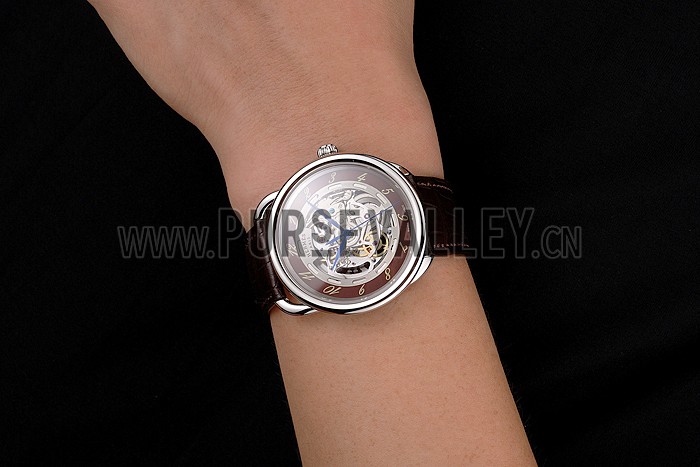 Swiss Hermes Arceau Skeleton Brown Dial Blue Hands Stainless Steel Case Brown Leather Strap