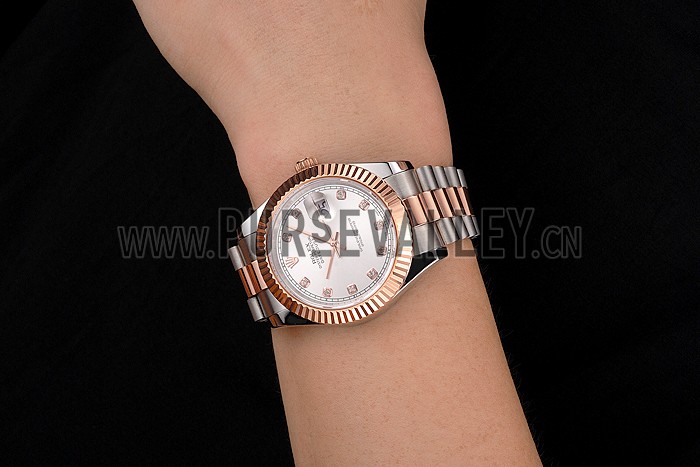 Swiss Rolex Datejust White Dial Rose Gold Bezel Stainless Steel Case Two Tone Bracelet