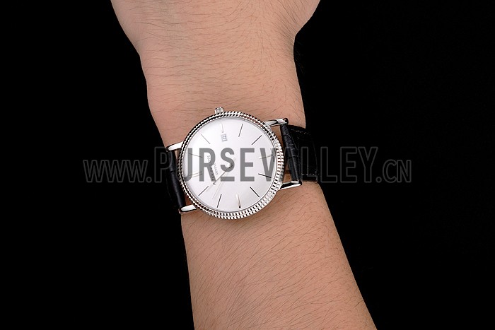 Patek Philippe Calatrava White Dial Ribbed Bezel Stainless Steel Case Black Leather Strap