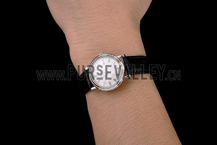 Patek Philippe Calatrava White Dial Roman Numerals Double Ribbed Bezel Stainless Steel Case Black Leather Strap