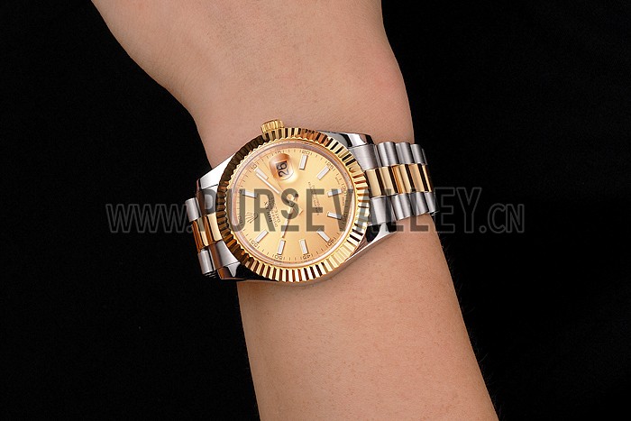 Swiss Rolex Datejust Gold Dial Gold Bezel Stainless Steel Case Two Tone Bracelet