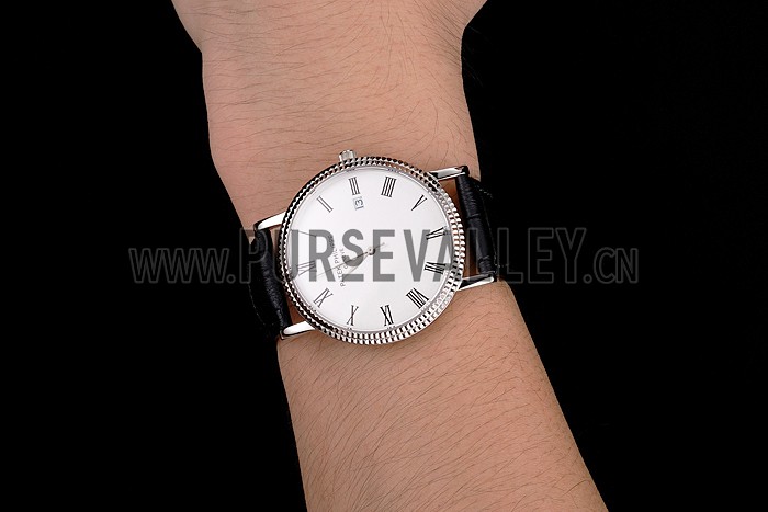 Patek Philippe Calatrava White Dial Roman Numerals Ribbed Bezel Stainless Steel Case Black Leather Strap