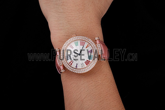 Franck Muller Double Mistery Ronde White Dial Rose Gold Case Light Pink Leather Strap