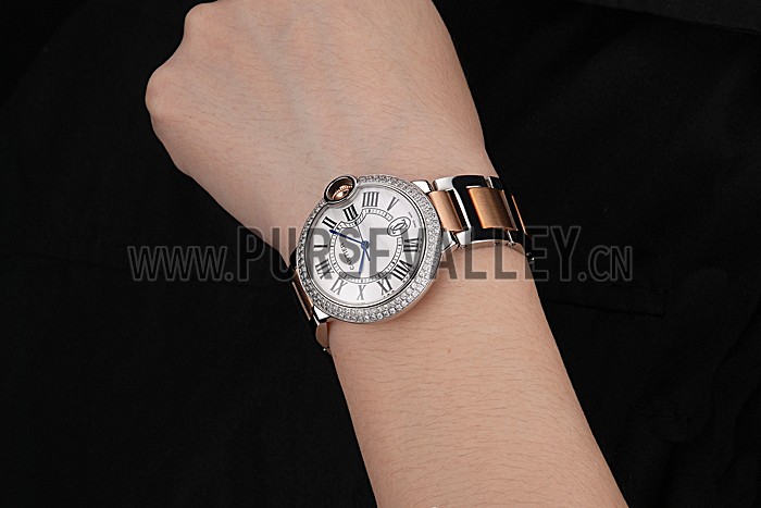 Swiss Ballon Blue De Cartier Diamond Steel Case White Dial Roman Numerals Two Tone Bracelet 622647