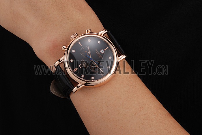 Omega Seamaster Vintage Chronograph Black Dial Diamond Hour Marks Rose Gold Case Black Leather Strap