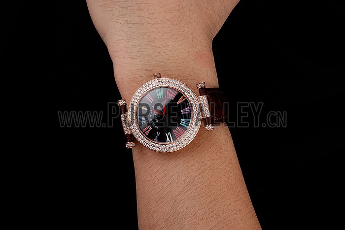 Franck Muller Double Mistery Ronde Black Dial Rose Gold Case Brown Leather Strap