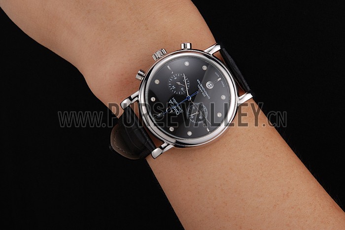 Omega Seamaster Vintage Chronograph Black Dial Diamond Hour Marks Stainless Steel Case Black Leather Strap