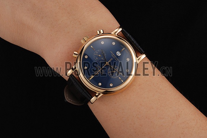 Omega Seamaster Vintage Chronograph Blue Dial Diamond Hour Marks Gold Case Black Leather Strap