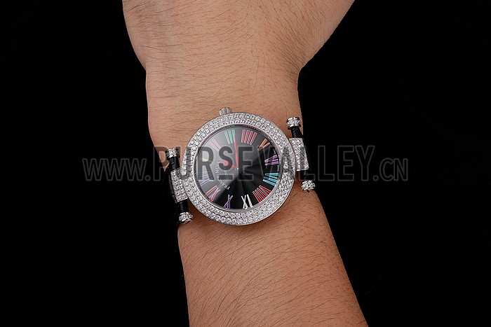 Franck Muller Double Mistery Ronde Black Dial Stainless Steel Case Black Leather Strap