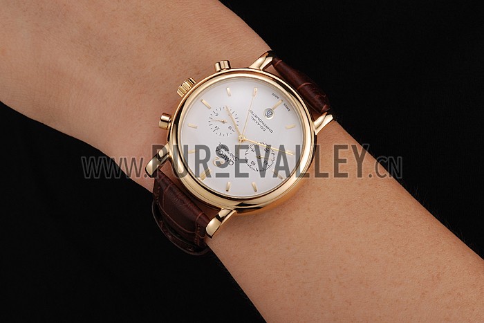 Omega Seamaster Vintage Chronograph White Dial Gold Case Brown Leather Strap