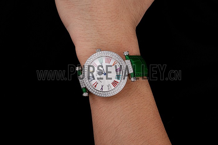 Franck Muller Double Mistery Ronde White Dial Stainless Steel Case Green Leather Strap