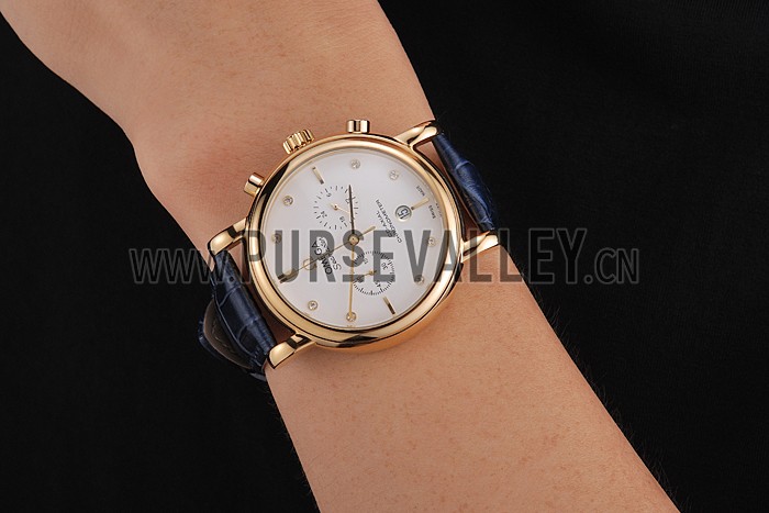 Omega Seamaster Vintage Chronograph White Dial Diamond Hour Marks Gold Case Blue Leather Strap