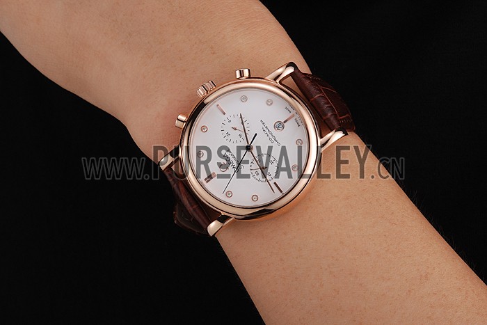 Omega Seamaster Vintage Chronograph White Dial Diamond Hour Marks Rose Gold Case Brown Leather Strap