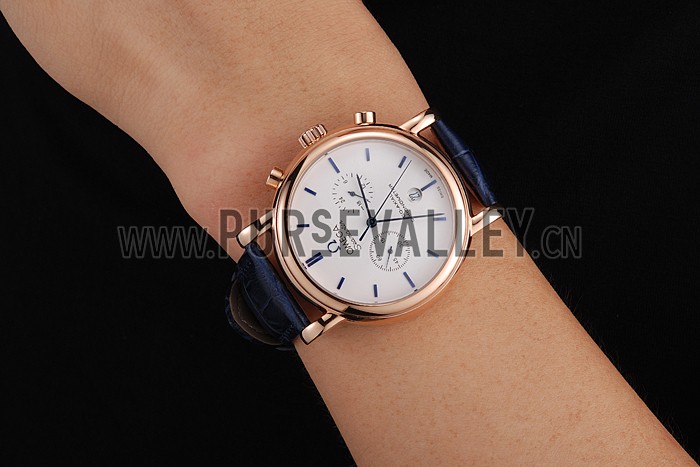 Omega Seamaster Vintage Chronograph White Dial Blue Hour Marks Rose Gold Case Blue Leather Strap
