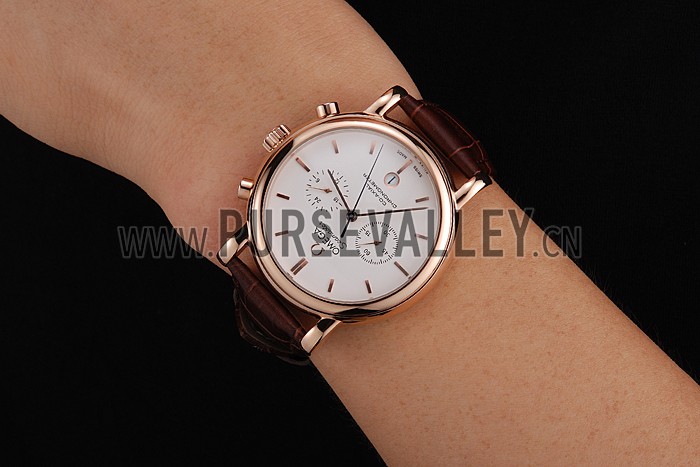 Omega Seamaster Vintage Chronograph White Dial Rose Gold Case Brown Leather Strap