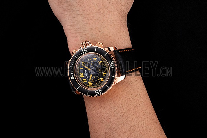 Swiss Blancpain Fifty Fathoms Flyback Chronograp Carbon Fiber Dial Rose Gold Case Black Leather Strap