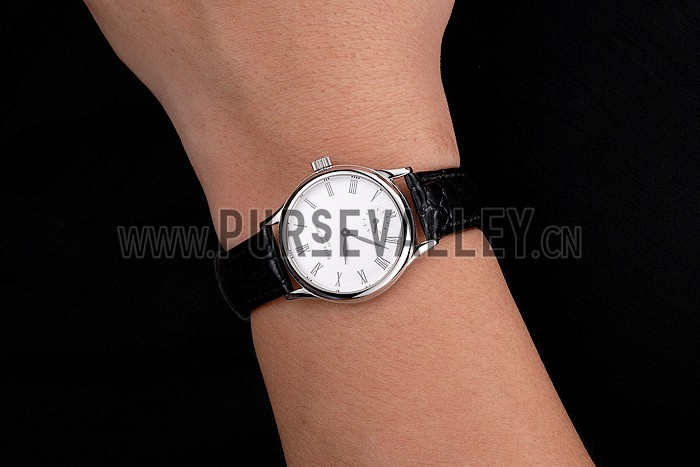 Patek Philippe Calatrava White Dial Roman Numerals Stainless Steel Case Black Leather Strap