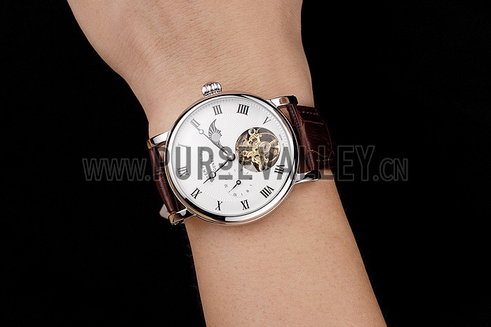 Patek Philippe Complications Moonphase Tourbillon White Dial Stainless Steel Case Brown Leather Strap