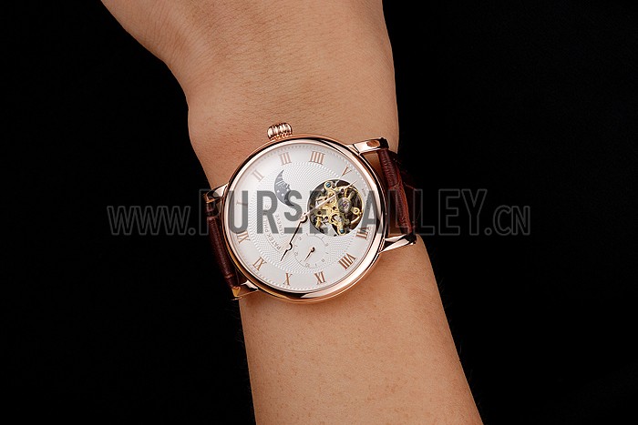 Patek Philippe Complications Moonphase Tourbillon White Dial Rose Gold Case Brown Leather Strap