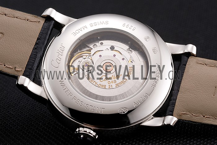 Swiss Cartier Rotonde Annual Calendar Black Dial Stainless Steel Case Black Leather Strap