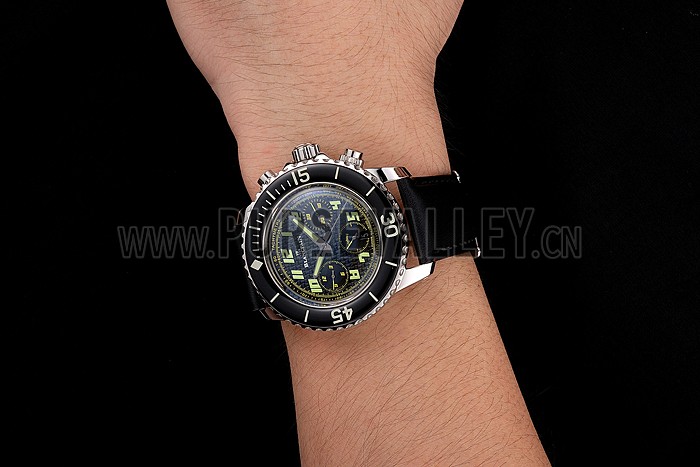 Swiss Blancpain Fifty Fathoms Flyback Chronograph Carbon Fiber Dial Stainless Steel Case Black Leather Strap