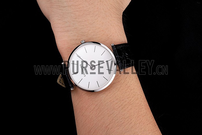 Swiss Longines Grande Classique White Dial Stainless Steel Case Black Leather Strap