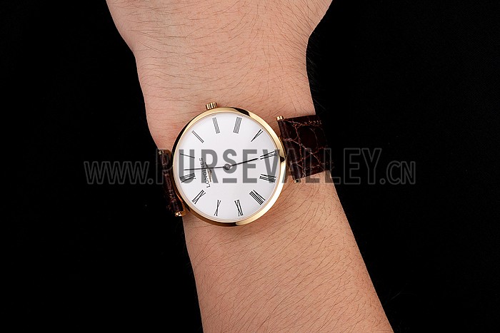 Swiss Longines Grande Classique White Dial Roman Numerals Gold Case Brown Leather Strap