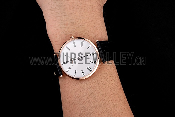 Swiss Longines Grande Classique White Dial Roman Numerals Rose Gold Case Black Leather Strap
