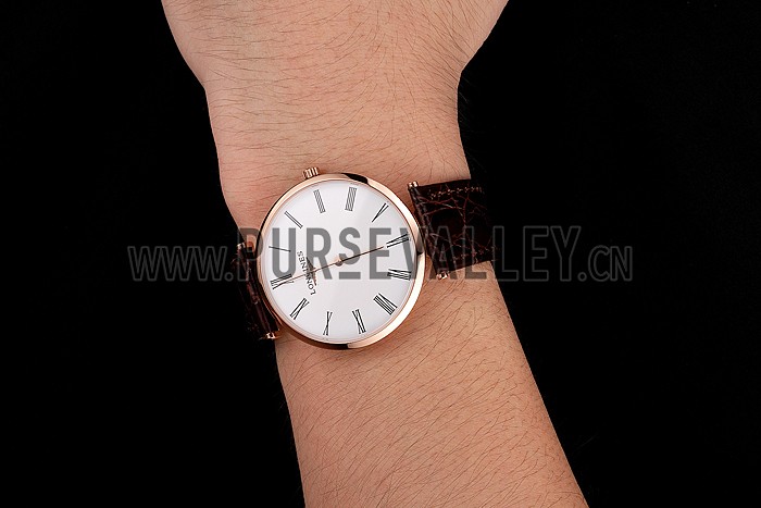Swiss Longines Grande Classique White Dial Roman Numerals Rose Gold Case Brown Leather Strap