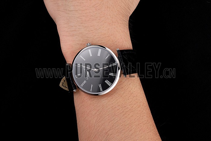 Swiss Longines Grande Classique Black Dial Roman Numerals Stainless Steel Case Black Leather Strap