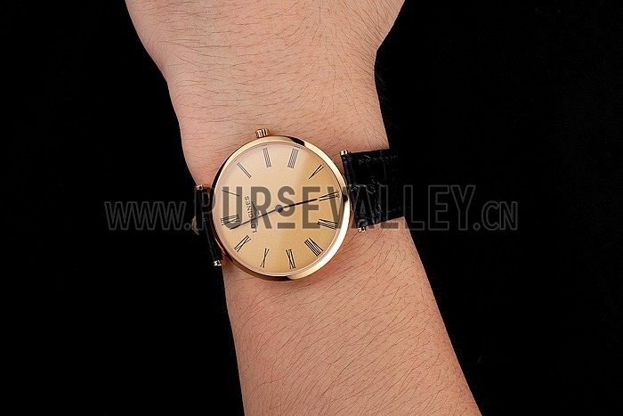 Swiss Longines Grande Classique Gold Dial Roman Numerals Gold Case Black Leather Strap