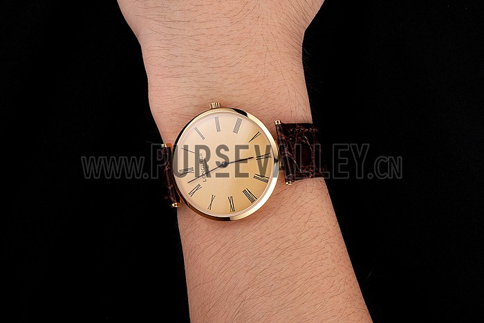Swiss Longines Grande Classique Gold Dial Roman Numerals Gold Case Brown Leather Strap