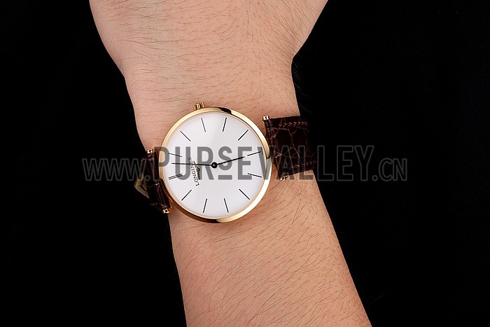 Swiss Longines Grande Classique White Dial Gold Case Brown Leather Strap