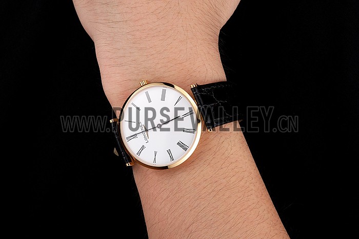 Swiss Longines Grande Classique White Dial Roman Numerals Gold Case Black Leather Strap