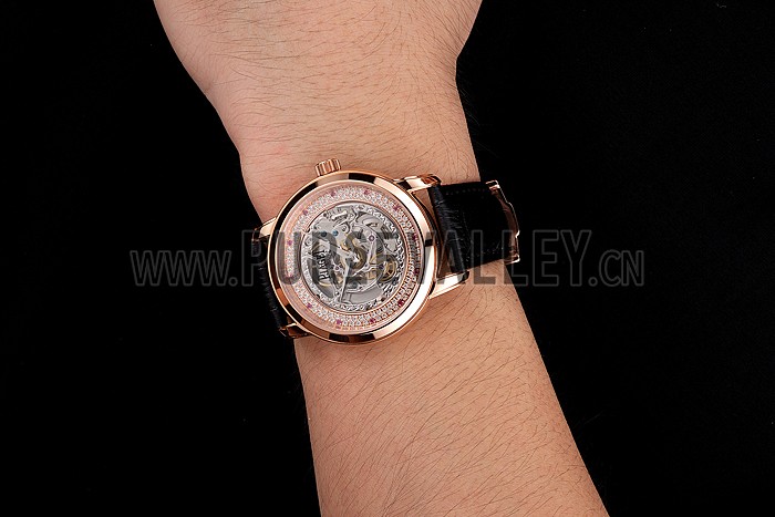 Swiss Piaget Altiplano Skeleton Dial With Diamonds Rose Gold Case Black Leather Strap