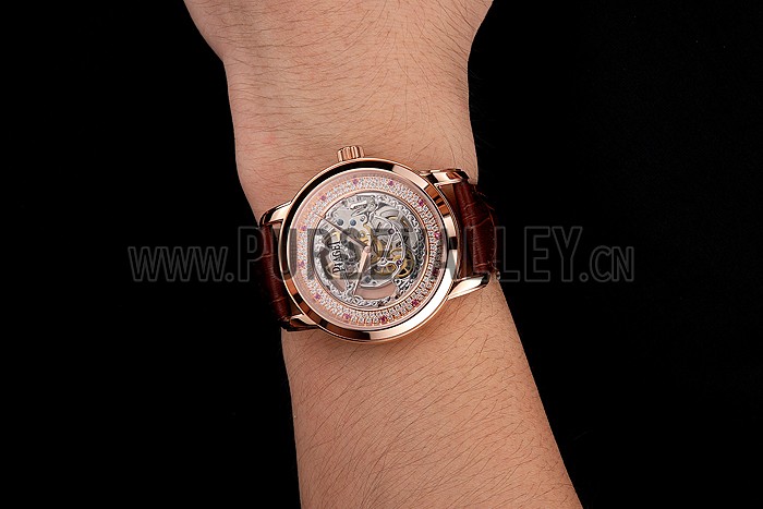 Swiss Piaget Altiplano Skeleton Dial With Diamonds Rose Gold Case Brown Leather Strap