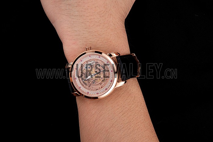 Swiss Piaget Altiplano Rose Gold Skeleton Dial With Diamonds Rose Gold Case Black Leather Strap