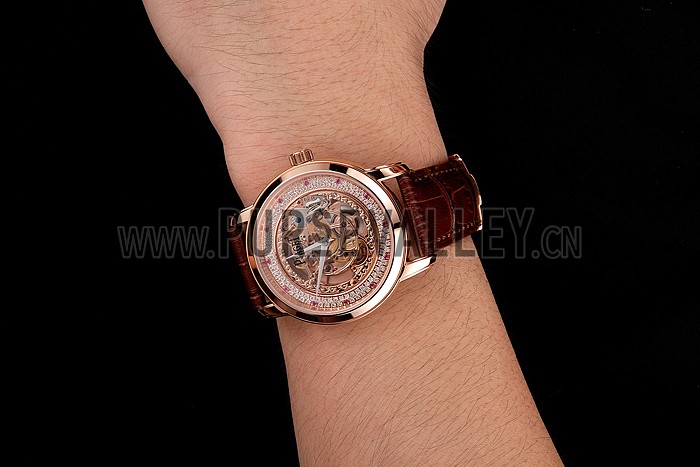 Swiss Piaget Altiplano Rose Gold Skeleton Dial With Diamonds Rose Gold Case Brown Leather Strap