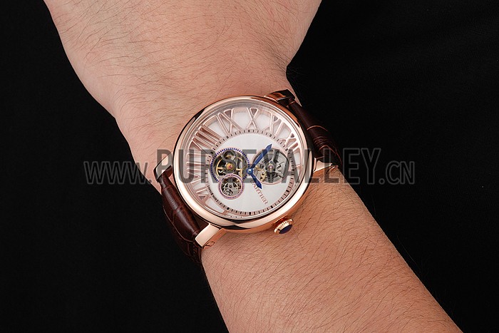 Cartier Rotonde De Cartier Flying Tourbillon White Dial Rose Gold Numerals Rose Gold Case Brown Leather Strap