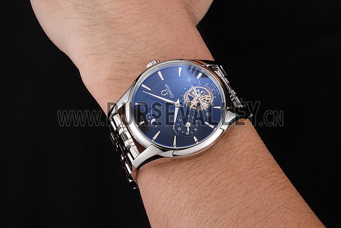 Omega De Ville Moonphase Tourbillon Black Dial Stainless Steel Case Two Tone Black Steel Bracelet