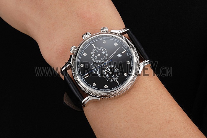 Patek Philippe Chronograph Black Dial With Diamonds Stainless Steel Case Black Leather Strap