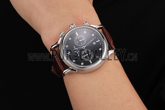 Patek Philippe Chronograph Black Dial With Diamonds Stainless Steel Case Brown Leather Strap