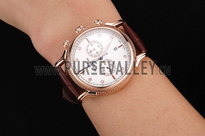 Patek Philippe Chronograph White Dial With Diamonds Rose Gold Case Brown Leather Strap