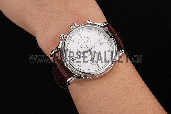 Patek Philippe Chronograph White Dial With Diamonds Stainless Steel Case Brown Leather Strap
