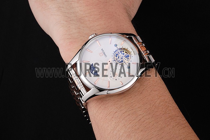 Omega De Ville Moonphase Tourbillon White Dial Stainless Steel Case Two Tone Steel Rose Gold Bracelet